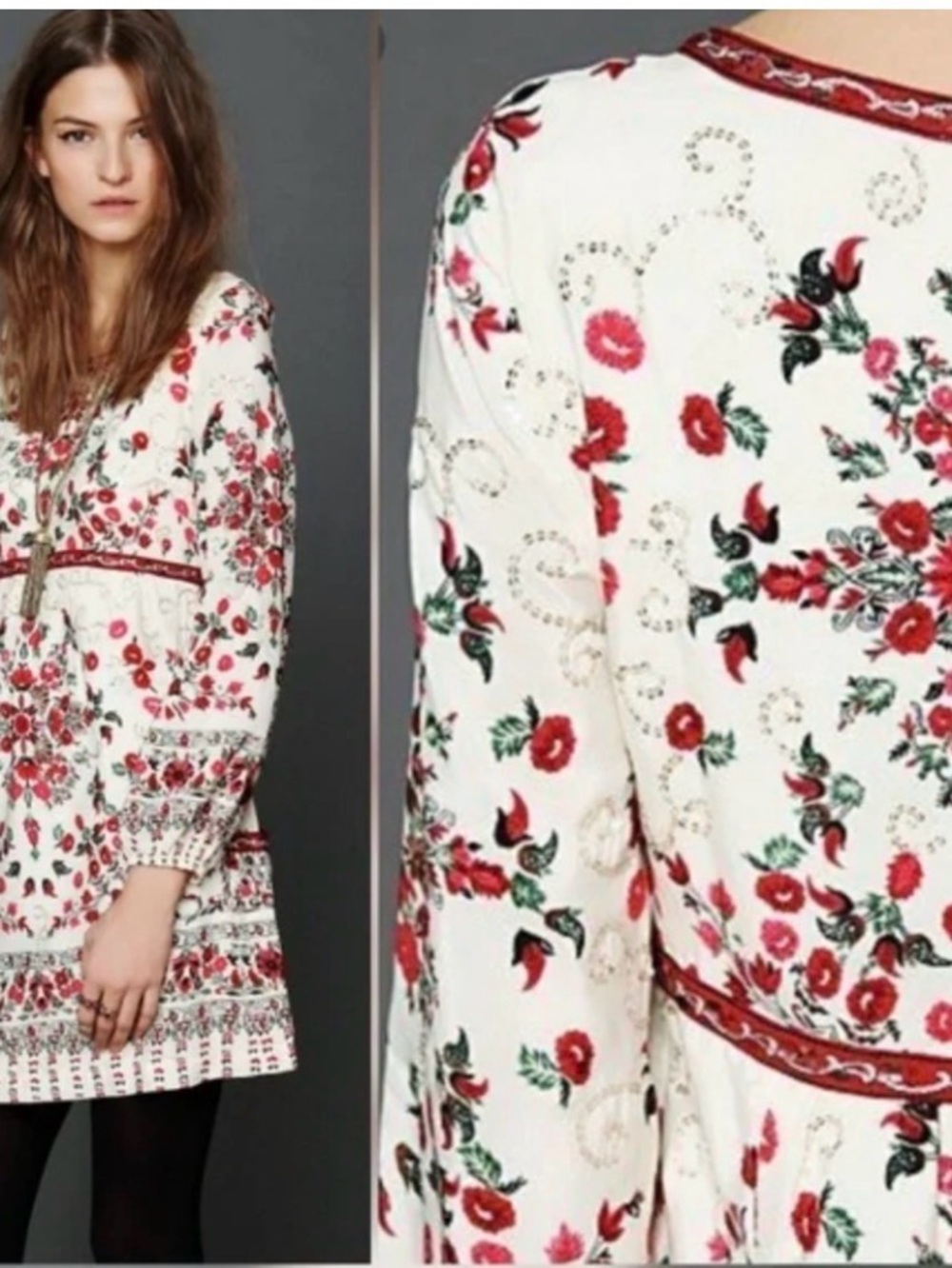 Free People Russian Doll Dress red cream green sequined size 8